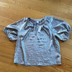 GAP Silver Puff Sleeve Split Neck Top Blouse
